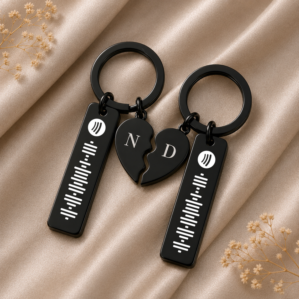 Porte-clé noir duo spotify initiales